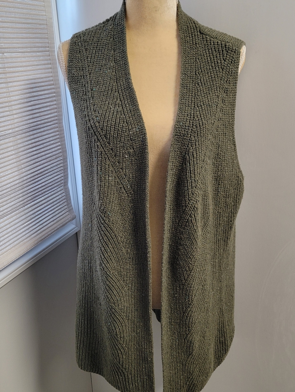 Talbots Cardigan Sweater Vest Green Rib Knit Cotton Blend Tweed Tunic Size XL